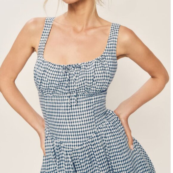 BEST Reformation Balia Linen Midi Dress Sz2 Slate Check Linen Blue White Party - Picture 10 of 13